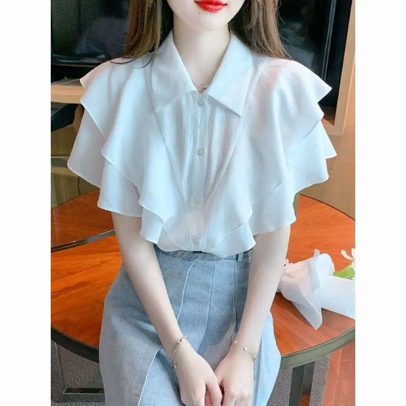 Korean Summer Women\'s POLO Collar 3D Ruffles Single Breasted Batwing Sleeve Simplicity Loose Short Sleeve Chiffon Shirt Tops