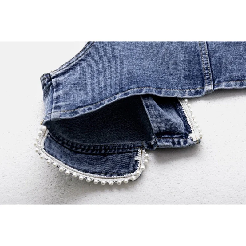 

Spring Summer Thin Beading V Neck Denim Vest Women Slim Short Cowboy Waistcoat Vintage Blue Sleeveless Jeans Jacket Coat Female