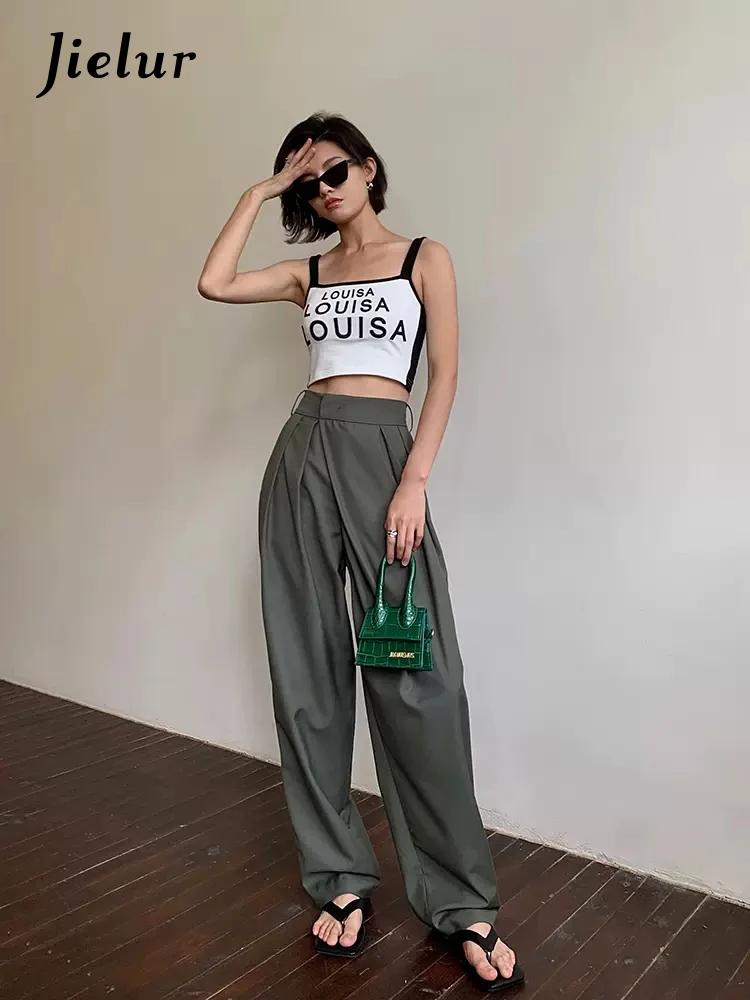 Jielur Khaki Wide Leg Women\'s Pants Baggy Classic Pants Vintage Office Lady Elegant Casual Trousers Female Work High Waist Pants