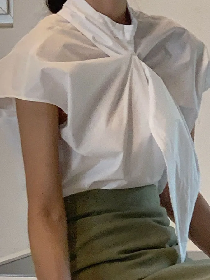 เสื้อซับในผู้หญิง คอตั้ง แขนยาว ผ้าจับจีบ ผูกโบว์ ดีไซน์เก๋ ใส่ได้หลายโอกาส สไตล์ลำลอง เหมาะกับการเดินทาง