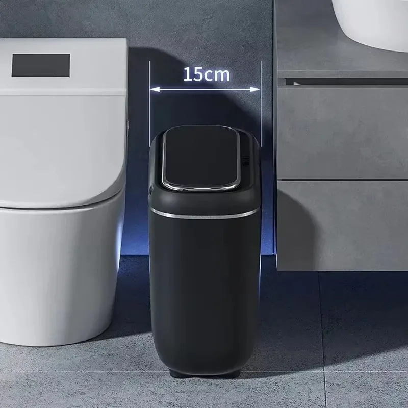 14L Sensor Trash Can with Lid LED Power Display IPX5 Waterproof Automatic Garbage Bins for Narrow Bathroom Kitchen Smart Home