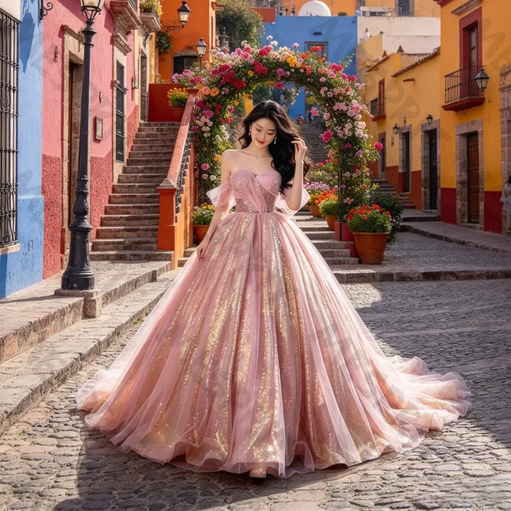 Customized Strapless Evening Dress 2026 Sequins Luxurious Pink Floor Length Ball Gown Elegant Sheer Shimmer Suitable for Parties