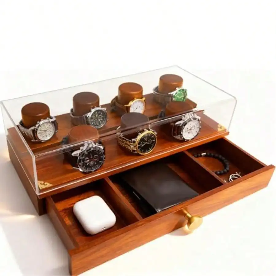 

Watch Display Case For Men - 7-Slot Two-Tier Sturdy Wooden Watch Organizer With Drawer Transparent Acrylic Dust Cover Raised Solid Wood Holders For Watches Jewelry Mens Accories