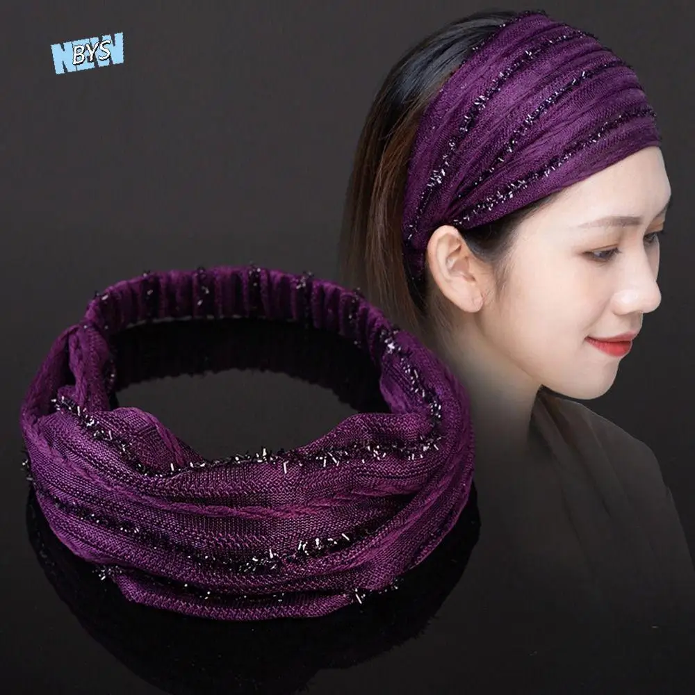White Hair Elastic Hair Band Shiny Stripe Wide Brimmed Non Slip Women Headband Korean Headwear Mesh Hairbands Wide Hair Band