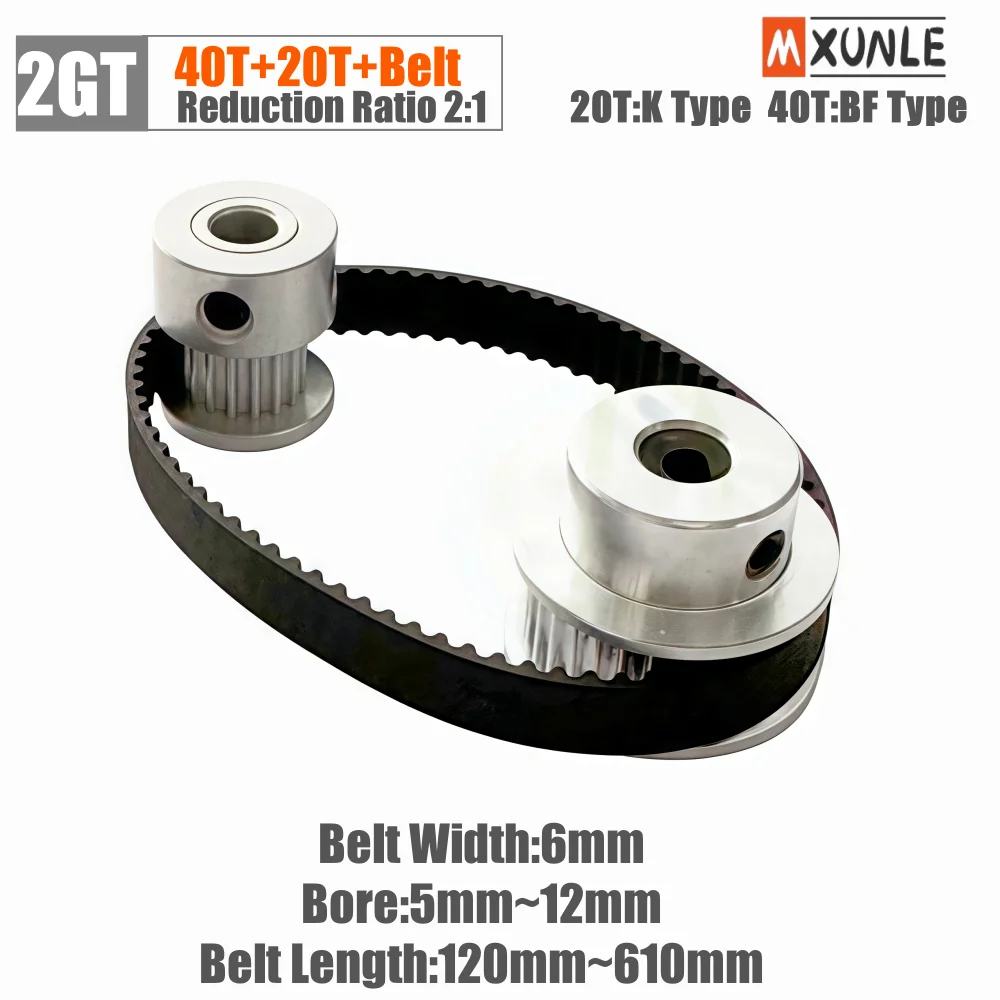 GT2 Pulley 2GT Synchronous Pulley Belt Kit 20Teeth 40Teeth 1:2 Reduction Ratio Mechanical Transmission Assembly Bandwidth 6mm