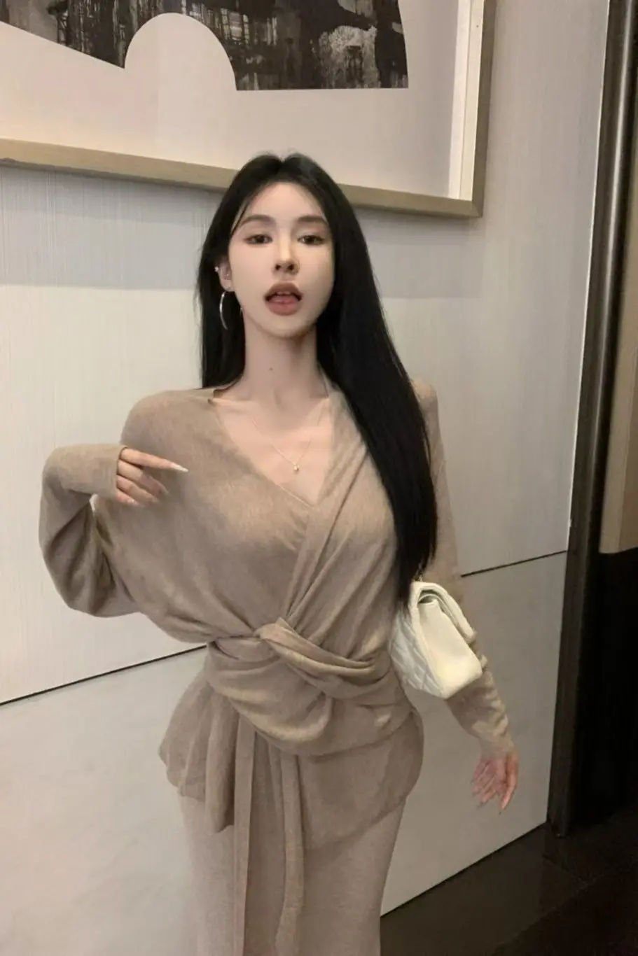 Donna 2025 Primavera Autumu Nuovo stile pigro Allentato Cross-Stretch Top Vita alta Gonna sottile sui fianchi Set da due pezzi da donna