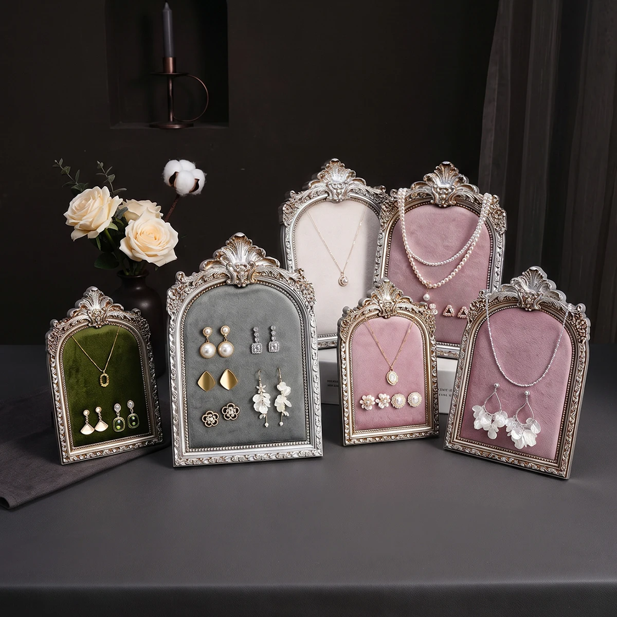 1PC, European-style Silver-plated Floral-patterned Velvet Jewelry Display Stand, Indoor Tabletop Jewelry Storage Display Item