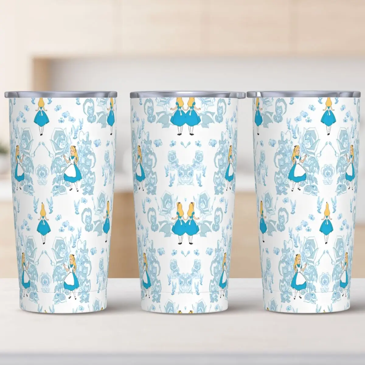 Tasse en acier inoxydable Alice au pays des merveilles avec pailles, bouteille d'eau de dessin animé, grande tasse portable, camping, voiture, clics froids