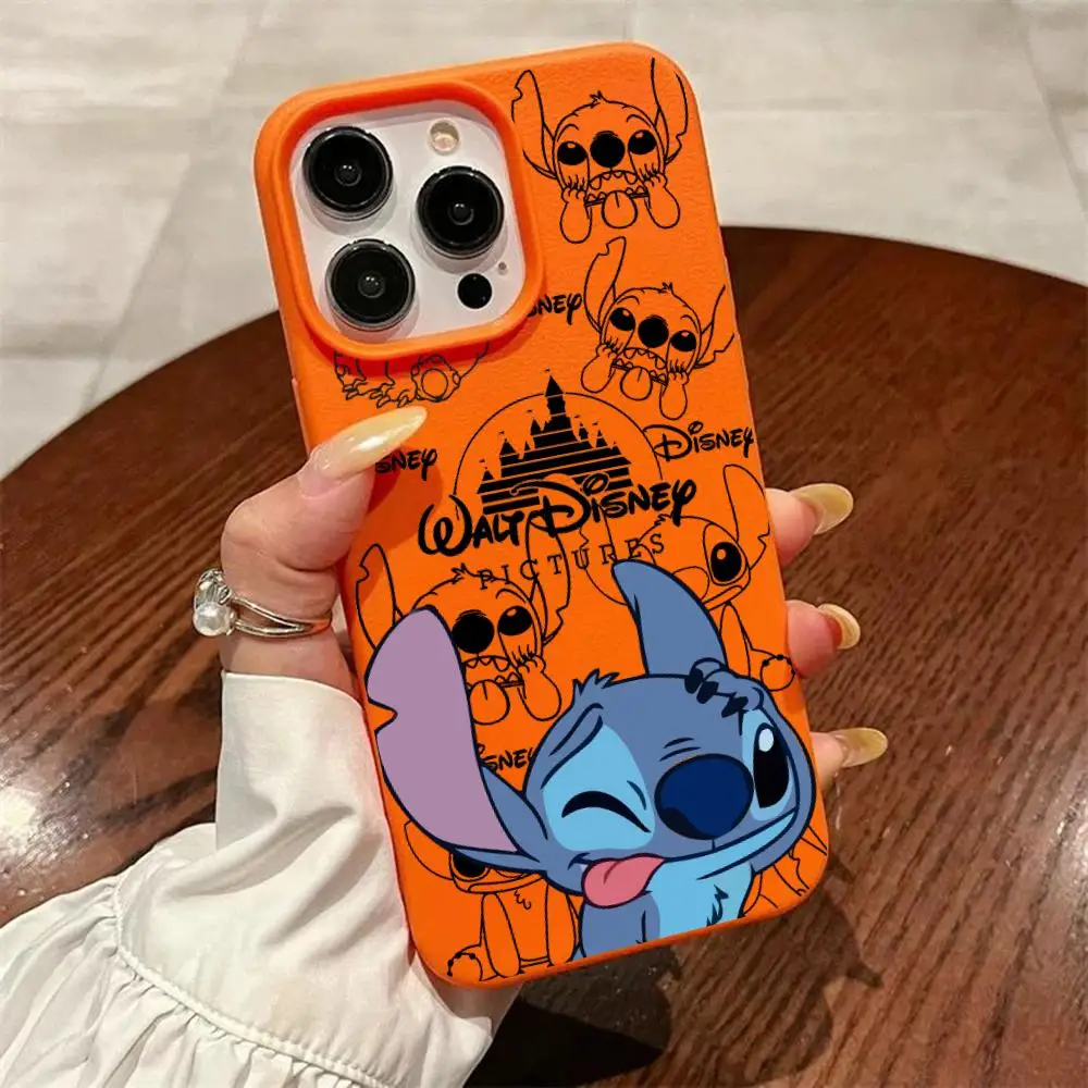 MINISO-Monster Cute Stitch-S Phone Case Silicone Litchi Lines Leather For IPhone 15 11 14 Plus 16 Pro Max 12 13 Cover