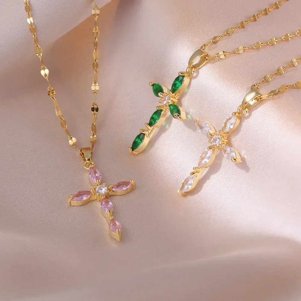 Shiny Green Pink Clear Zircon Cross Pendant Necklaces for Women Lady Stainless Steel Chain Gold Color Jewelry Accessories Gifts