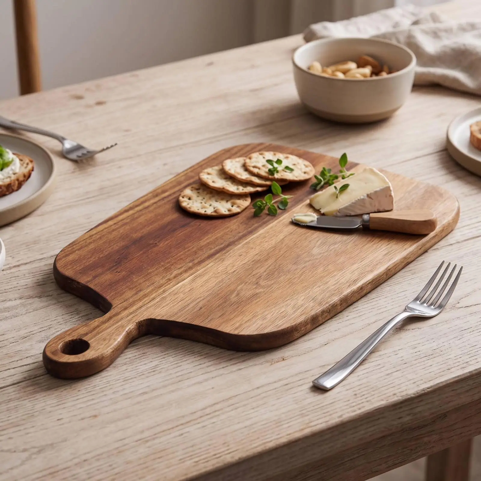 Solid Wooden Tray for Serving Cheese Meat Sushi with Handle and Hanging Hole Acacia