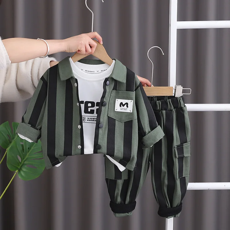 Baby Boy Luxury Clothes Set 2024 Spring Korean Fashion Vertical Striped Shirts + White T-shirts + Pants Kids Girls and Boys Suit