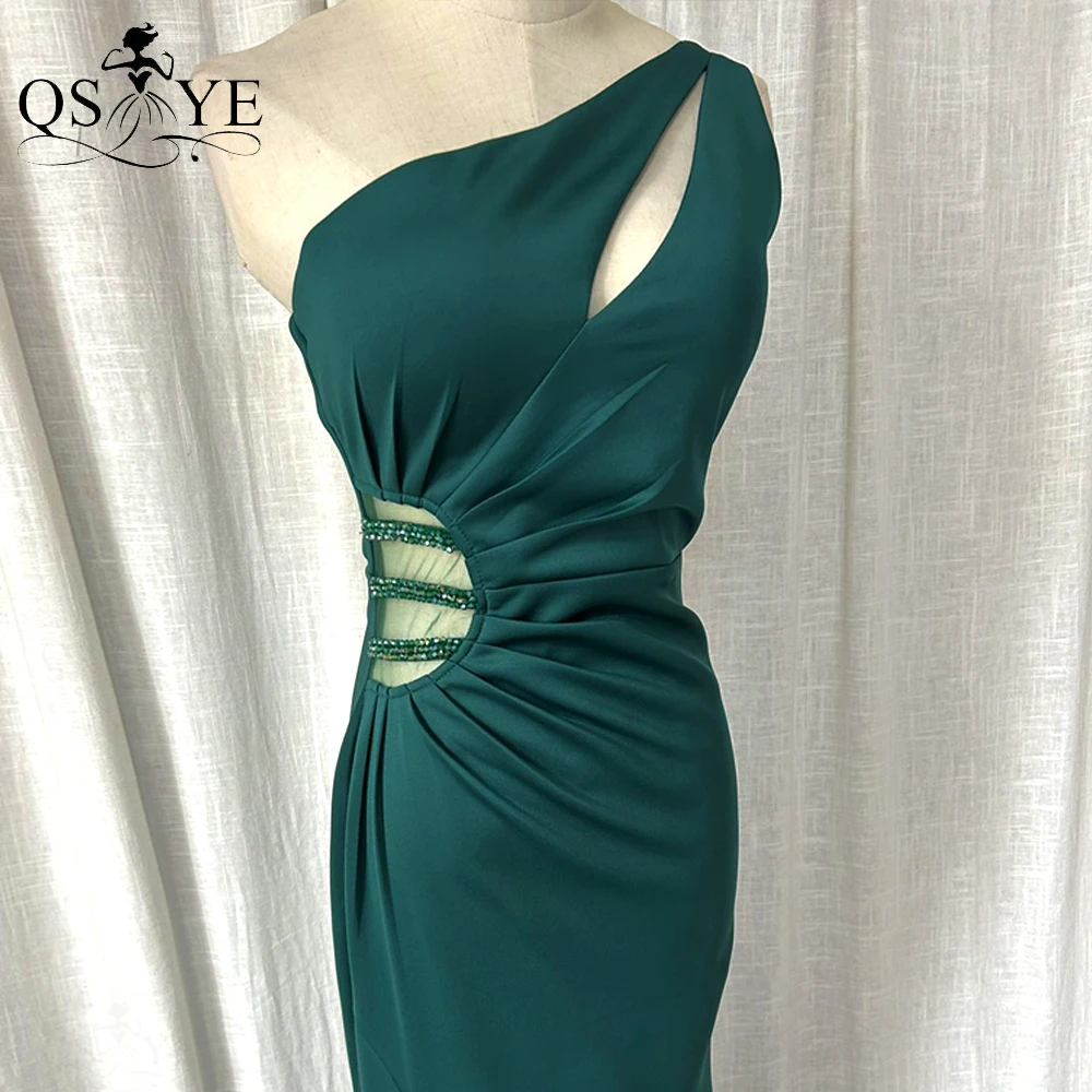 One Shoulder Emerald Green Prom Dresses Sexy Split Party Gown Formal Beaded Waist Elegant Ruched Women Evening Dress Bridesmaid