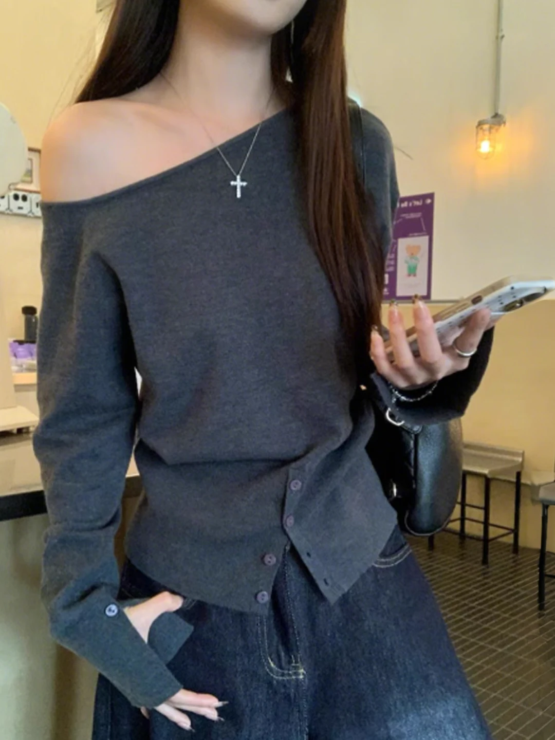 

Асимметричный дизайн, вязаный женский топ с разрезом на плечах, ранняя осень, повседневный модный длинный све