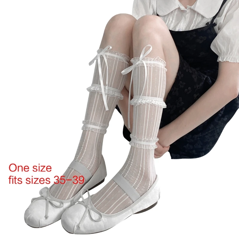 Womens Calf Socks, Sweet Girl Lace Ruffle Knee Socks Fashion Ladies Girl Princess Mesh Socks Japanese Stockings