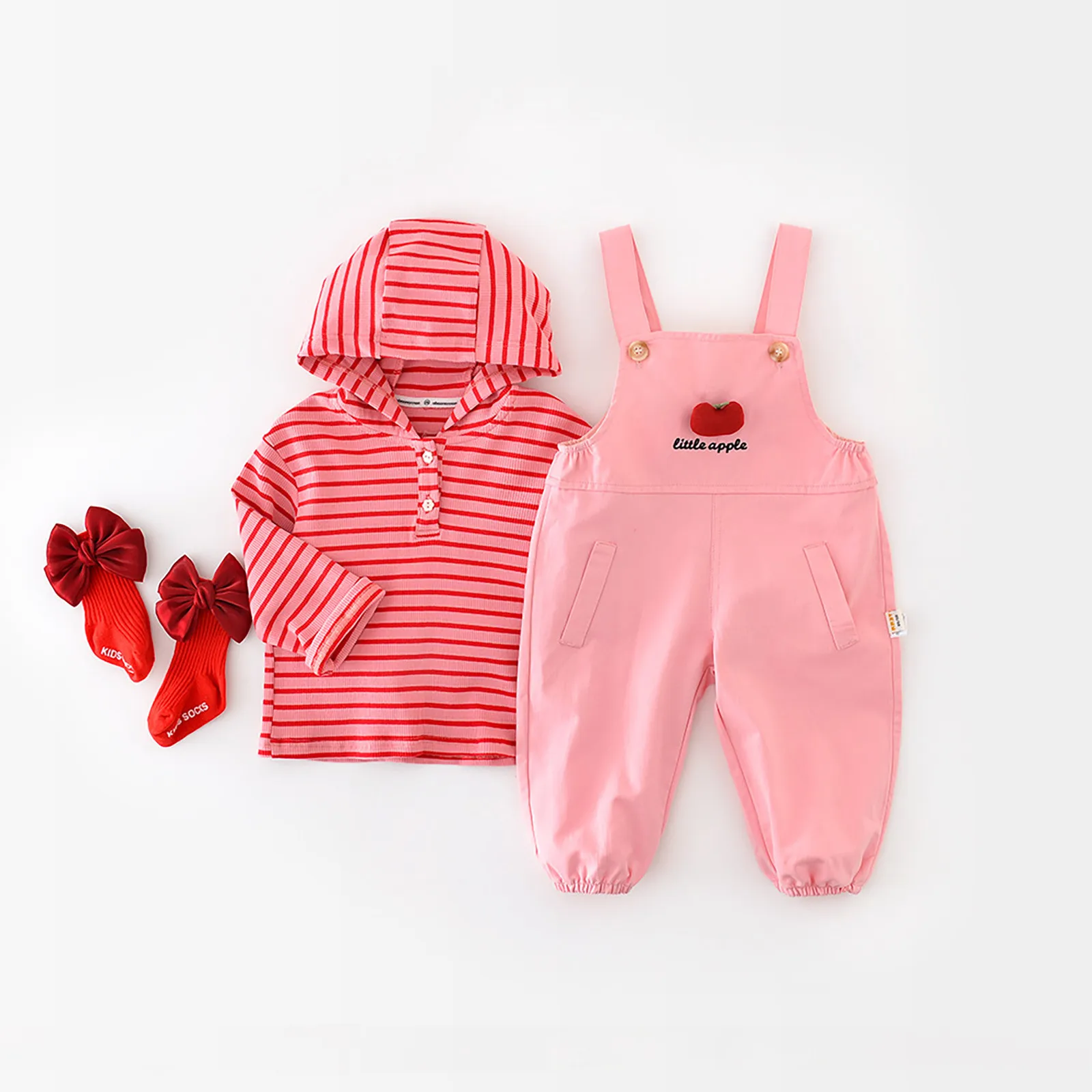 Autumn Girls' Suits Children Red Striped Hooded Tops+Suspenders Pants Children's Casual Two Piece Set Girls Baby Clothes Sets