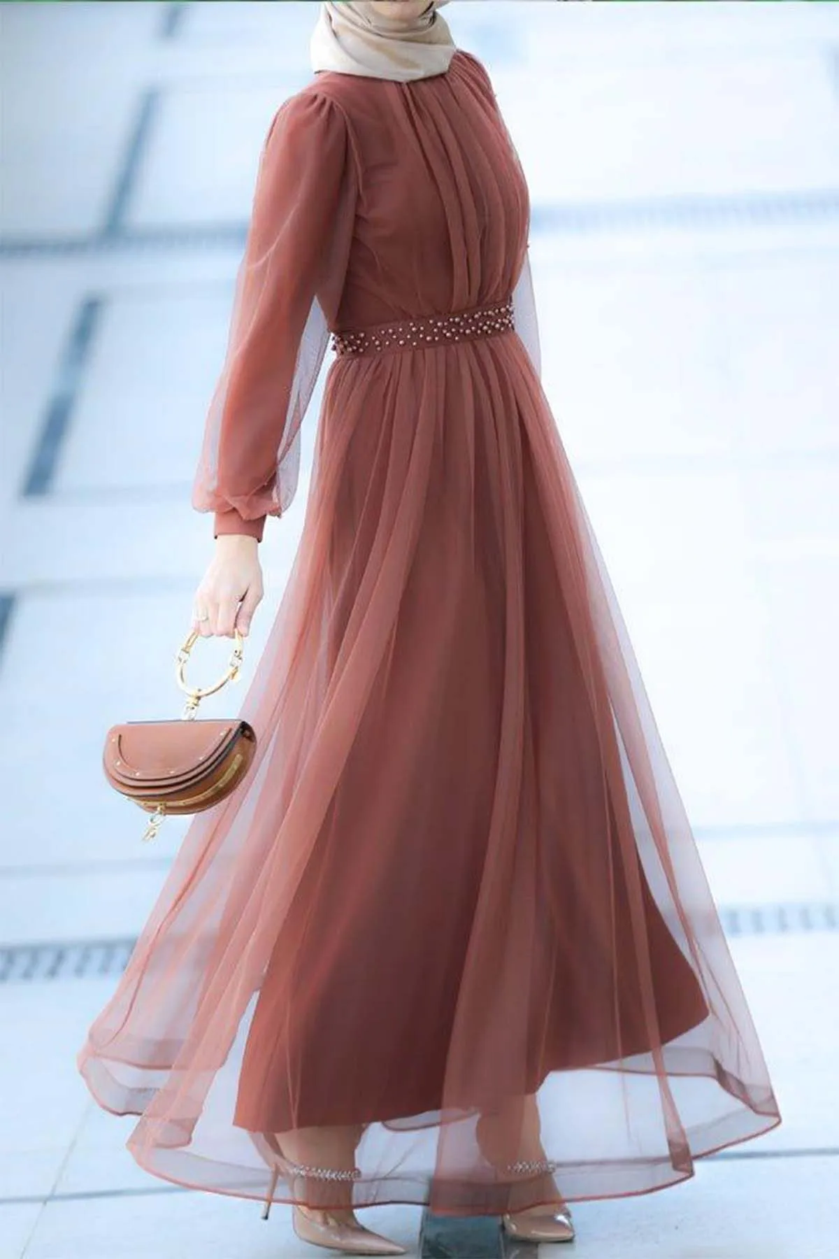 ผู้หญิงมุสลิม Hellofatimah Elegant ชีฟองโคมไฟ Layered Tunic Maxi Dress