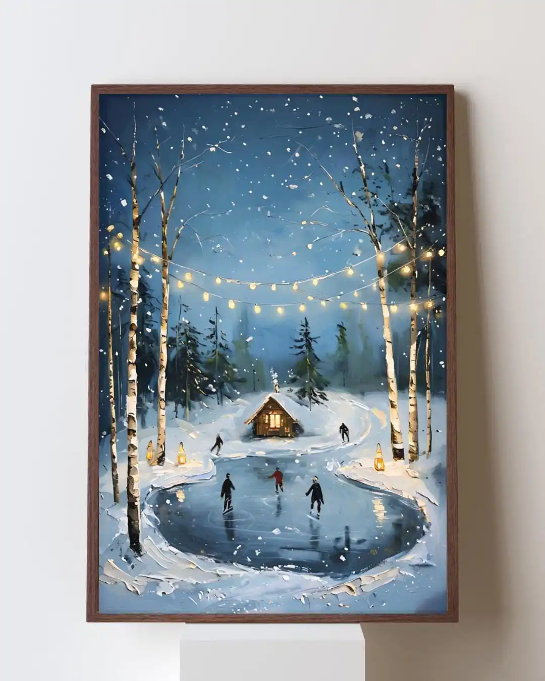 Modern Cozy Winter Christmas Art Ice Skating Poster Frameless Vintage Christmas Snowy Cottage Scene Poster for Living Room Decor