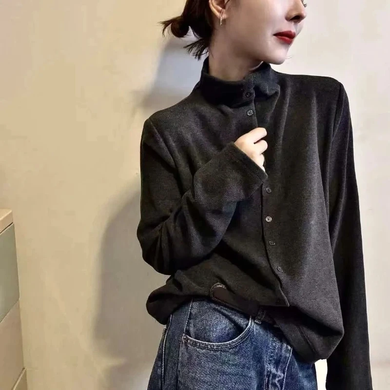 Trend Simplicity Button Loose Long Sleeve Tops Tees Spring Autumn New O-neck Casual Solid T Shirts Fashion Korean Women Clothing