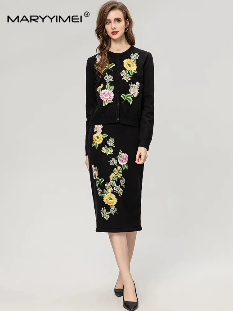 MARYYIMEI Autumn Winter Fashion Suit Long sleeved Single breasted Topcoat＋Skirt Flower embroidery knitting Black Two Pieces Set