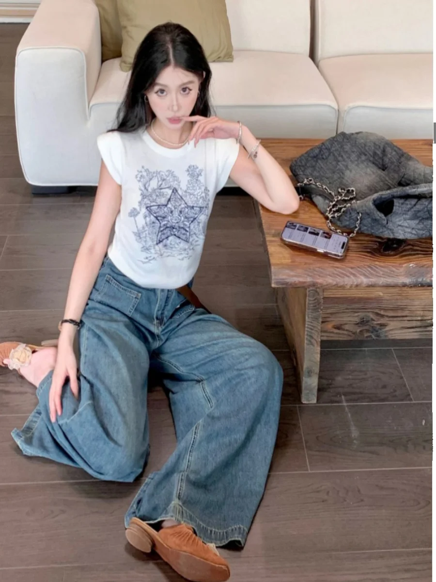 

American Retro Heavyweight Star Embroidery ort Sve Knitted T-irt Women's ort Design Sweet And Spicy White Base Top