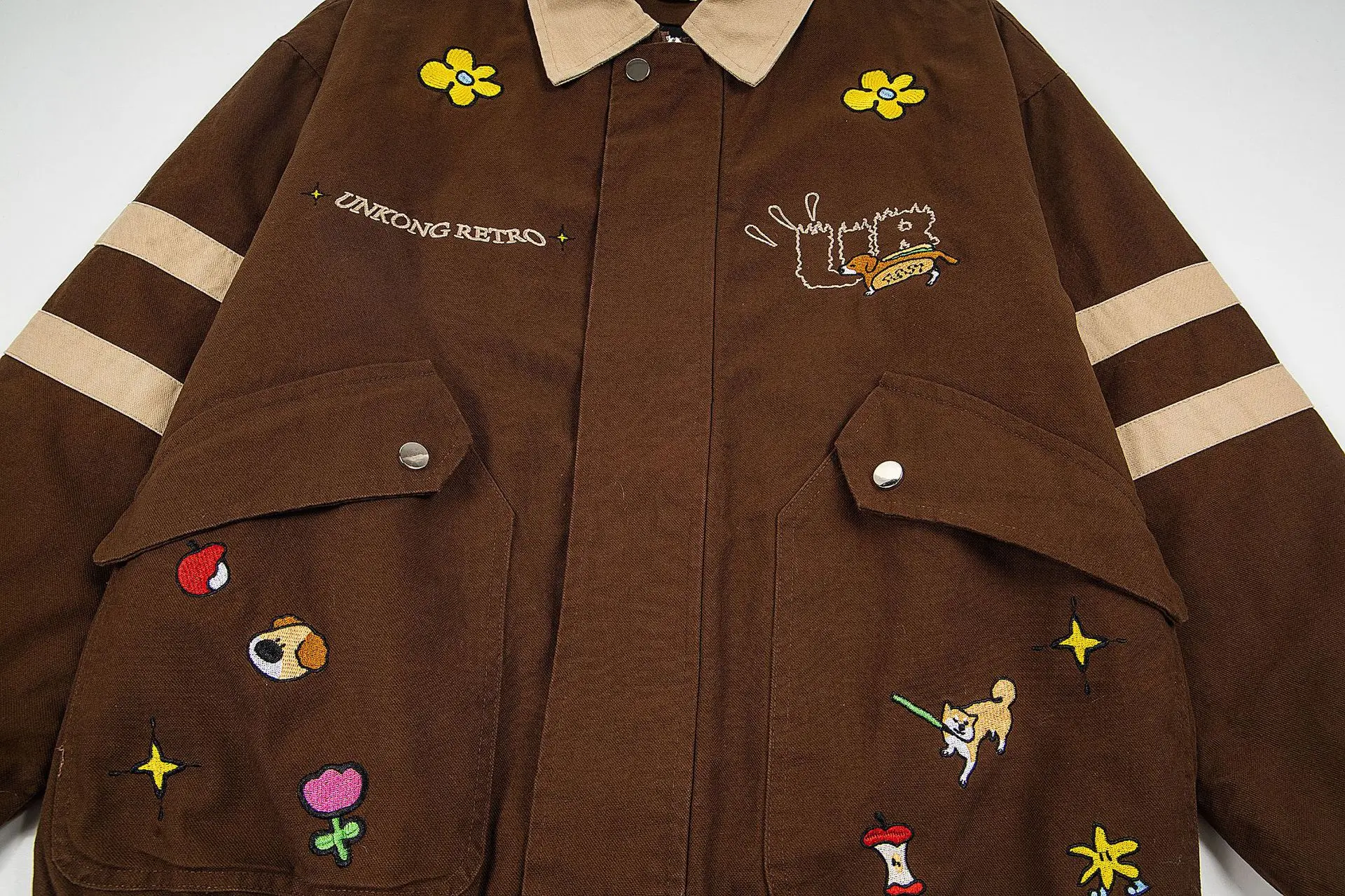 American Retro Puppy Embroidery Turn-Down Collar Coffee Color Jacket Cotton Coat for Women Winter Thickened Casual Outerwear