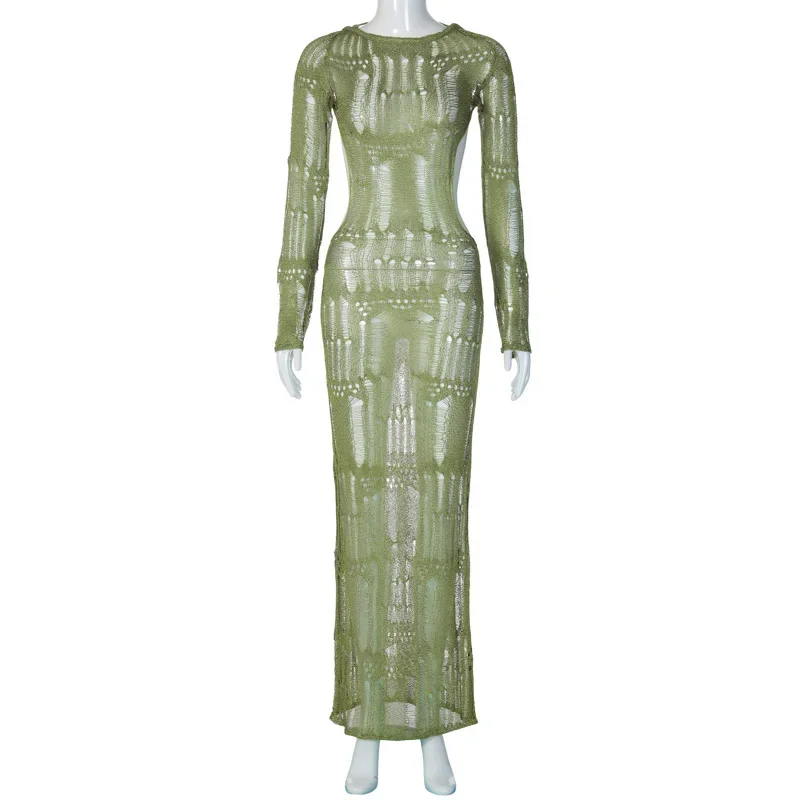 TARUXY See Through Backless Sexy Jurk Voor Vrouwen Zomer Hol Gebreide Maxi Jurken Femme Club Fashion Solid Vestido Vrouw