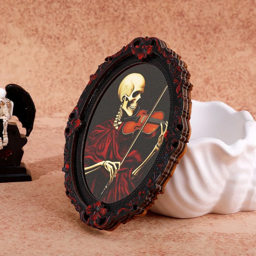 3D Wooden Frame Fridge Magnet Black Oval Skeleton Playing Violin Decor