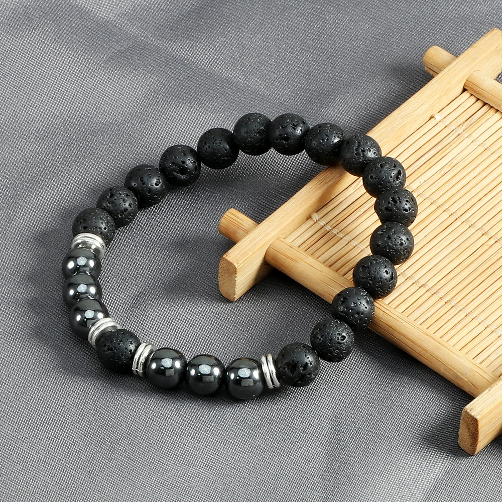Classic Hematite Black Obsidian Stone Beaded Bracelets Men 8mm Natural Lava Tiger Eyes Stone Bracelet Women Reiki Energy Jewelry