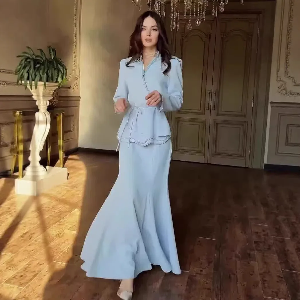 Eid Blouse Top Shirt Skirt Suit Women Muslim 2 Piece Set Beading Ramadan Dubai Party Bandage Shirt Long Skirt Musulman Ensembles