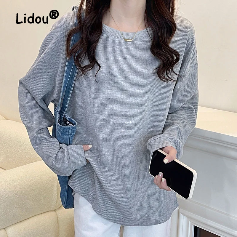 

Fashion Solid Color Loose Autumn Thin Style T-shirt Women New Classic Long Sleeve O-collar Casual Korean All-match Top 2022