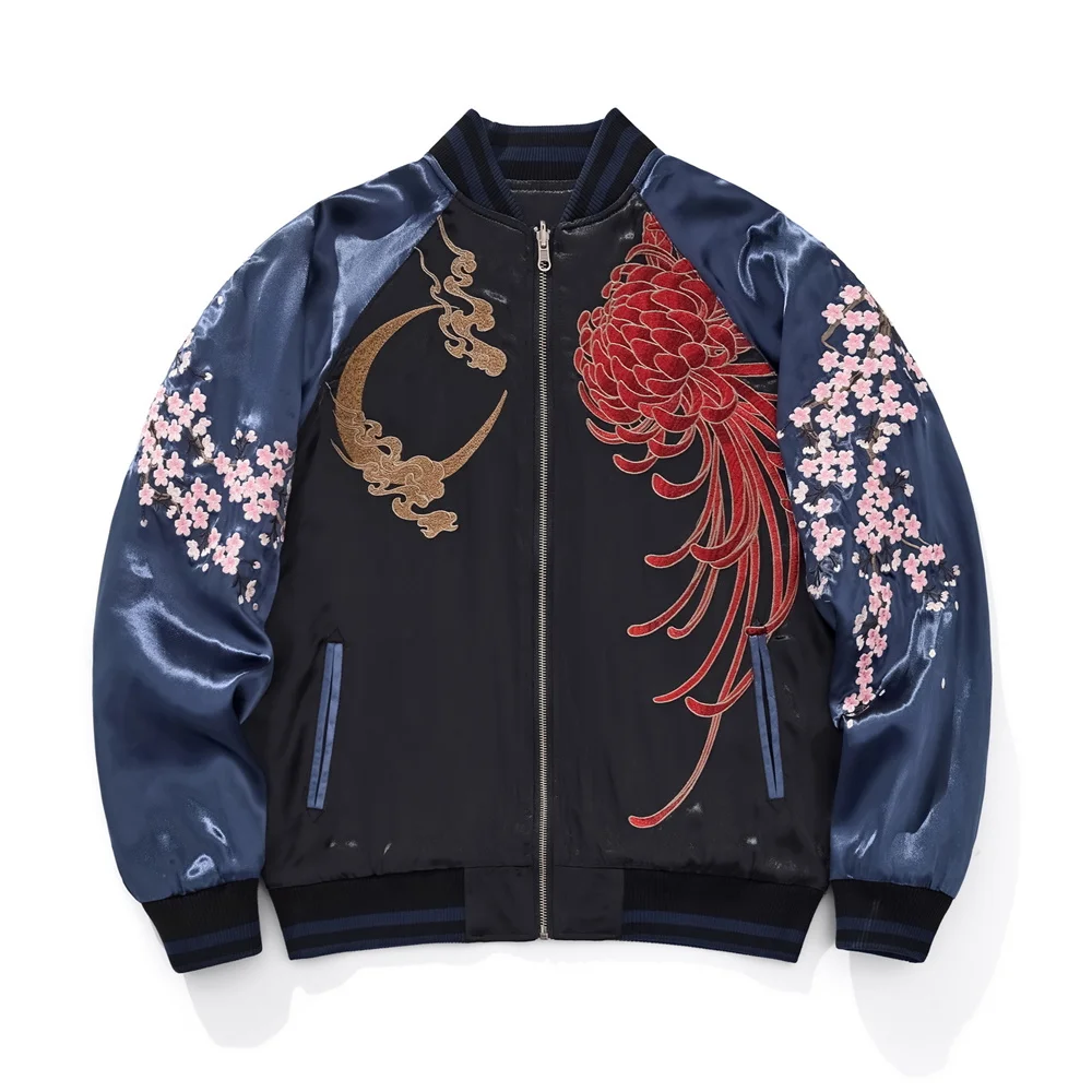 

Men's Japanese Style Jacket 2025 The Moon and Chrysanthemums Embroidery Bomber Coat Streetwear Vintage Baseball Jacket