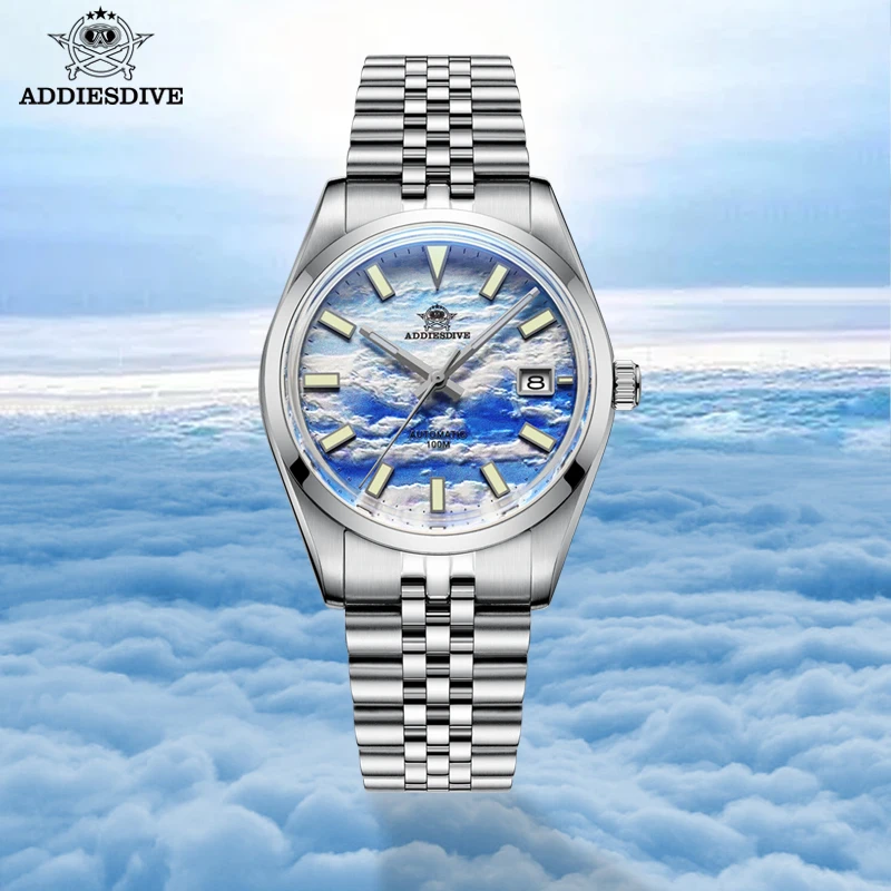 ADDIESDIVE Men Watch Luxury Stainless Steel Fashion 3D Cloud Sea Dial Mechanical Watch BGW9 Blue Luminous 100M Dive Montre Homme