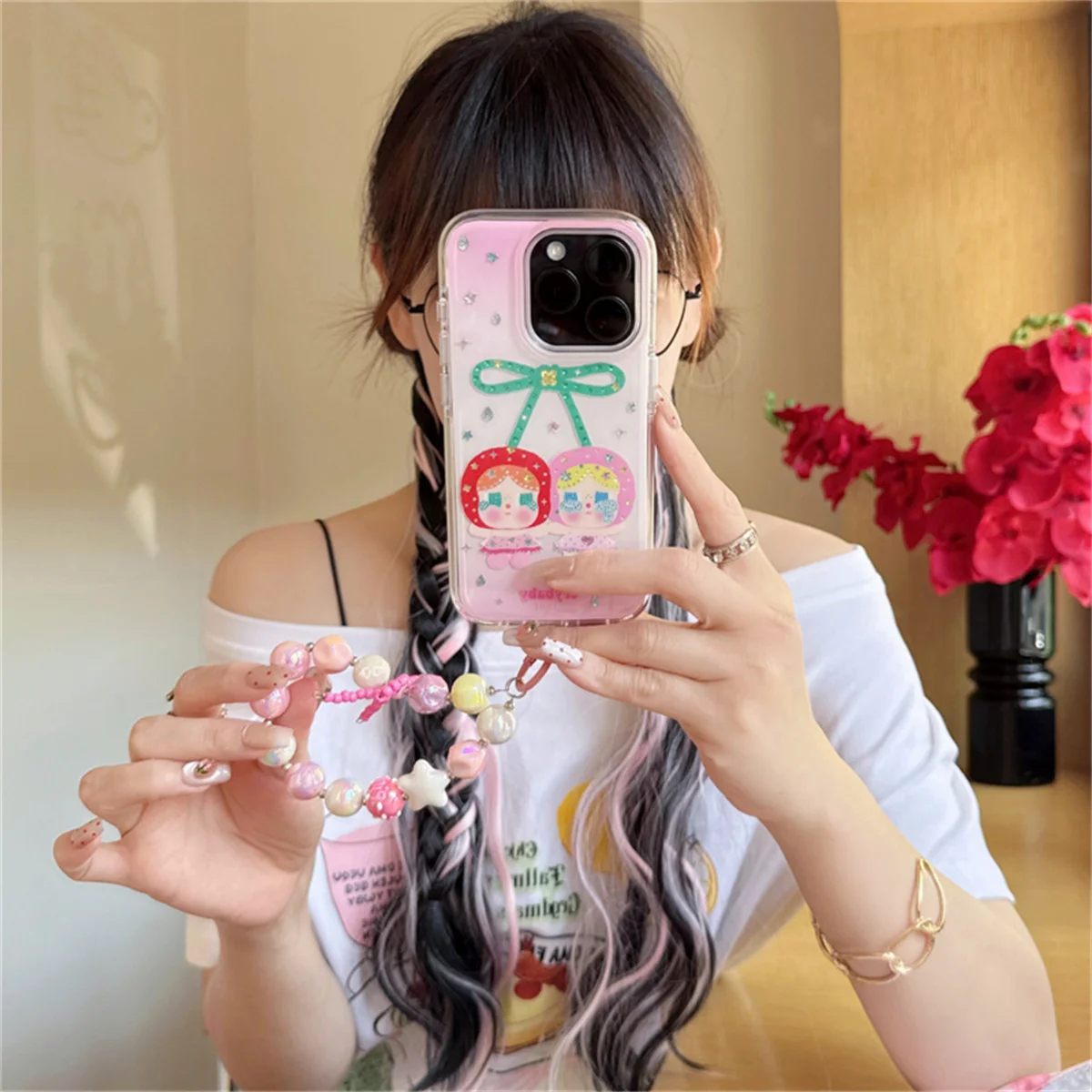 

Kawaii Cartoon Cherry Girl Phone Case For iPhone 16 Pro 13 14 15 Pro Max Cover with Hand Chain Shockproof Cute Cases Capa