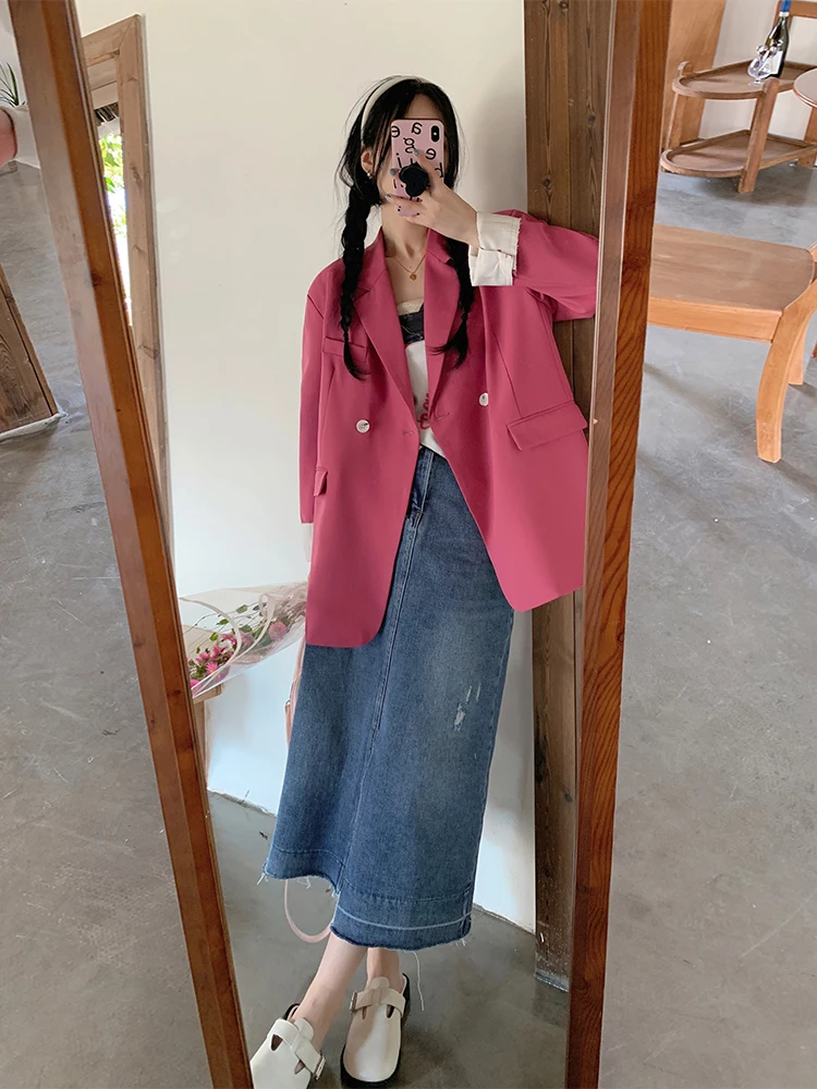 Feminine A-Line  Skirt by Yang Bubble in Denim Blue High Waist Commute Friendly Slimming Style Korean Fashion Trend