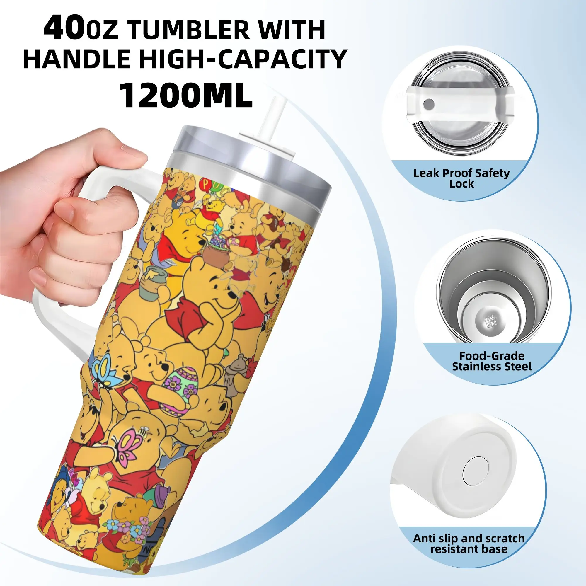 Winnie Pooh Cute Stainless Steel Tumbler  Travel Coffee Mug With Straws and Lid 40oz Car Mugs Cold Drink Water Bottle