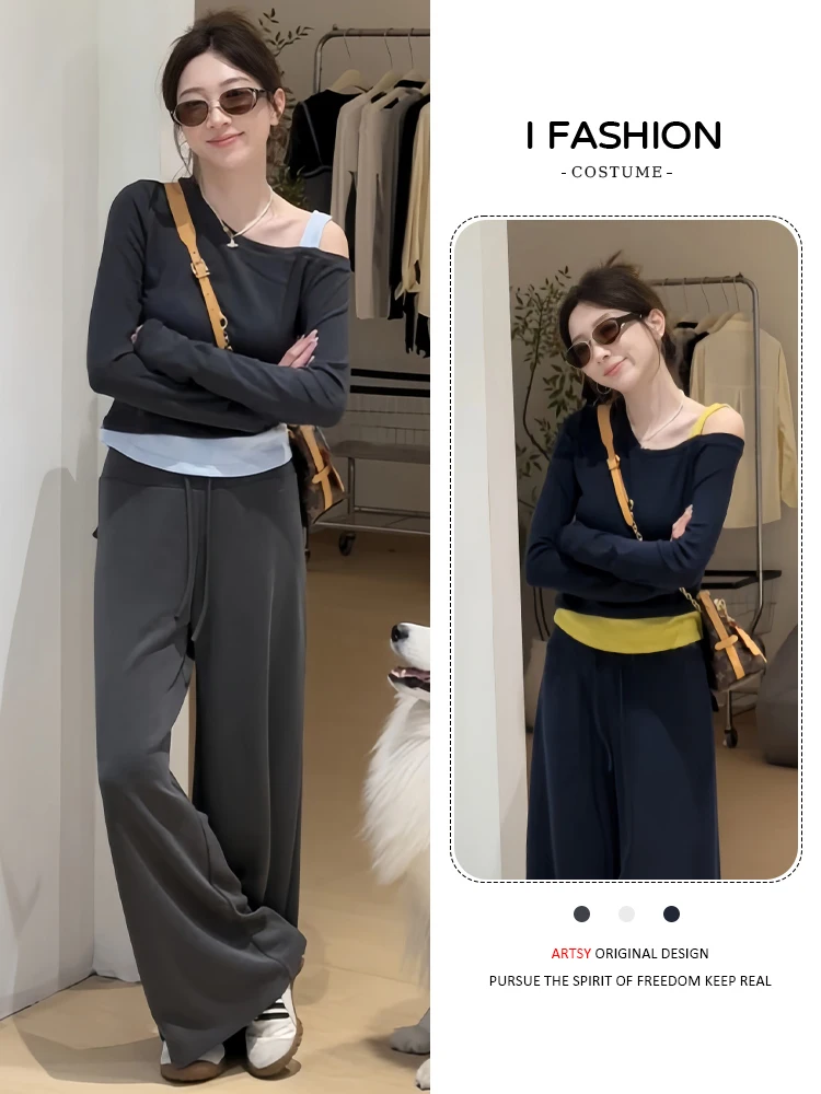 

Ele Faionable женский комплект из двух предметов, широкие брюки с высокой талией, топ, одинаковые брюки, осенняя коллекция, повседневная одежда