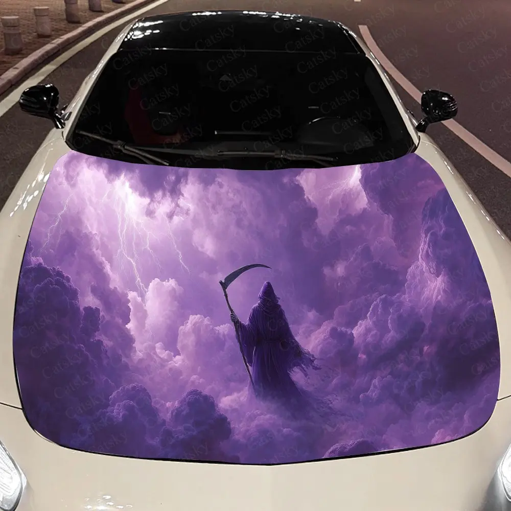 

Eerie Purple Lightning Grim Reaper and Clouds Auto Cover Sticker, Waterproof and Self-adhesive Auto Hood Decal, Auto Vinyl Wraps
