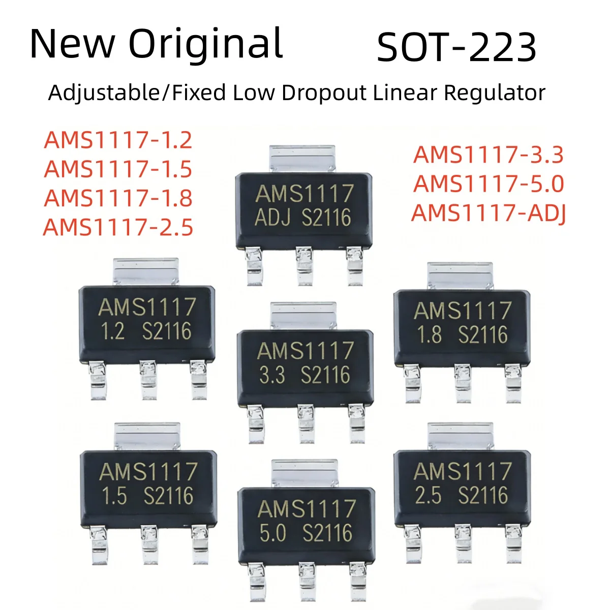 20/50/70/100Pcs AMS1117-5.0V AMS1117-1.2V 1.5V 1.8V 2.5V AMS1117-3.3V AMS1117-ADJ Adjustable/Fixed Low Dropout Linear Regulator