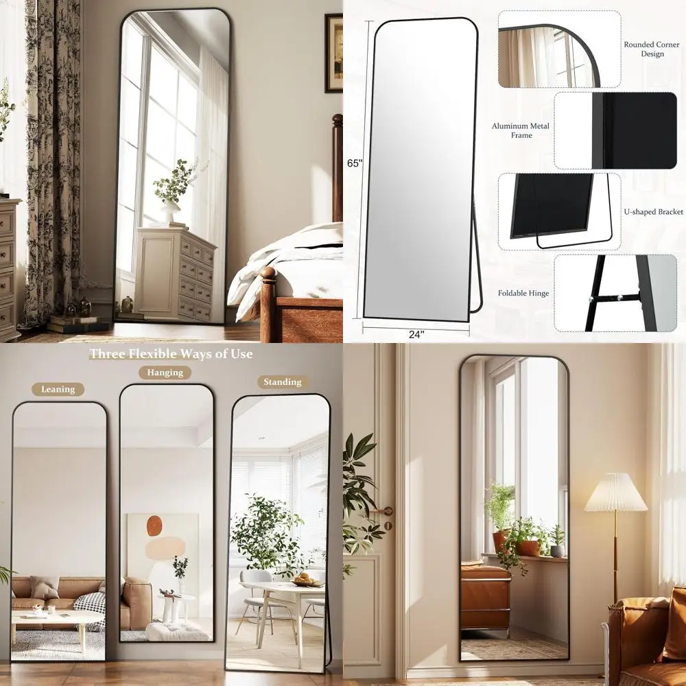 

65x24 Arched Floor Standing Large Body Mirror with Stand, Ideal for Bedroom or Living Room, Black