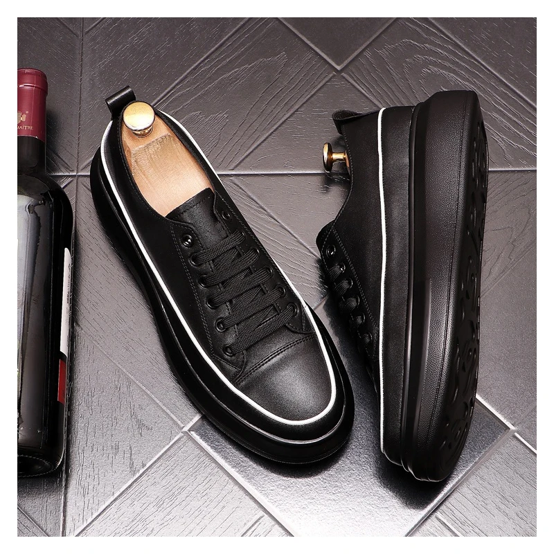

Korean style mens casual original leather shoes lace-up derby shoe black white flats platform sneakers designer street footwear