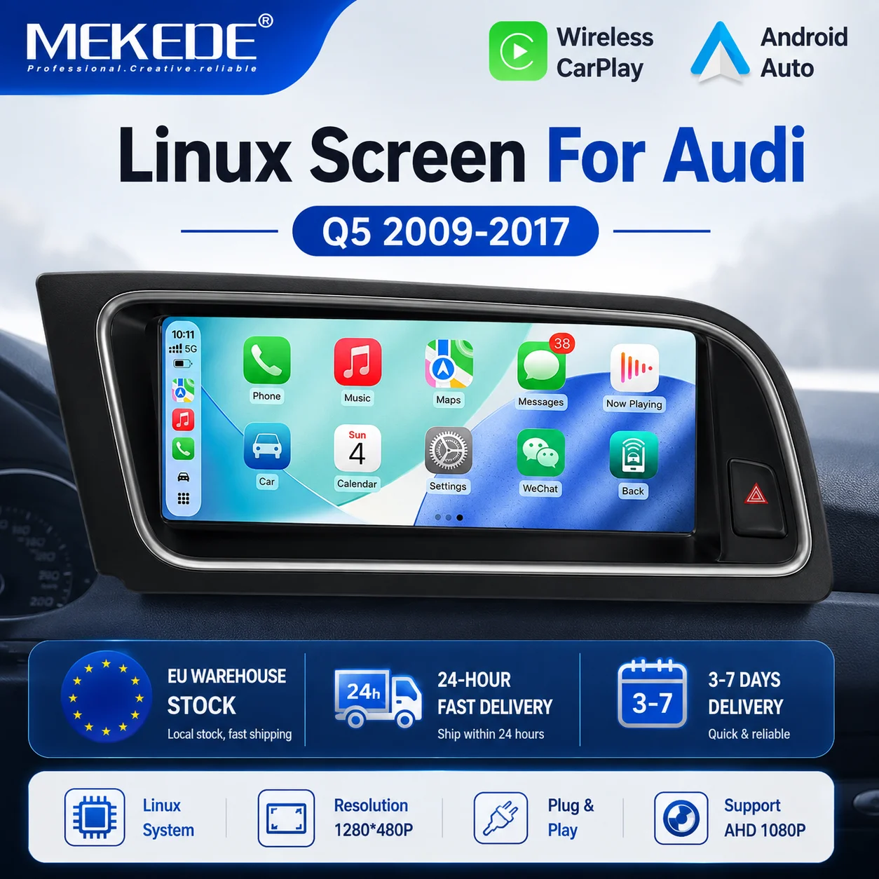 MEKEDE Für Audi Q5 2008-2017 Linux CarPlay Bildschirm Kabelloses/Kabelgebundenes Apple CarPlay Android Auto Autoradio Multimedia-Player Touchscreen 1280x480 Plug & Play Unterstützung AHD 1080P