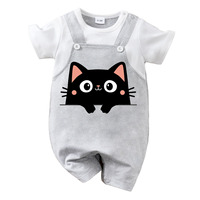 IURNXB Baby Romper Summer Infant Cartoon Cute Black Cat Printed Unisex Short Sleeve Onesie with Suspender Adorable Outfit 0-18M