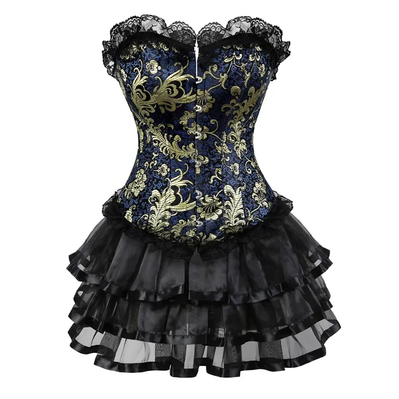 

Corset Dress Lingerie Overbust Gothic Burlesque Floral Lace Corsets and Bustiers with Layed Skirt Set Exotic Costume Plus Size