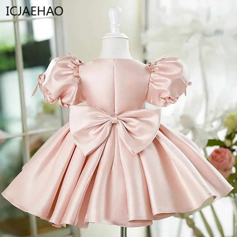 ICJAEHAO 2024 New Children Elegant Princess Dress Baby Girls Cute Bow Puff Sleeve Birthday Party Clothes Teenage Dress for Girls