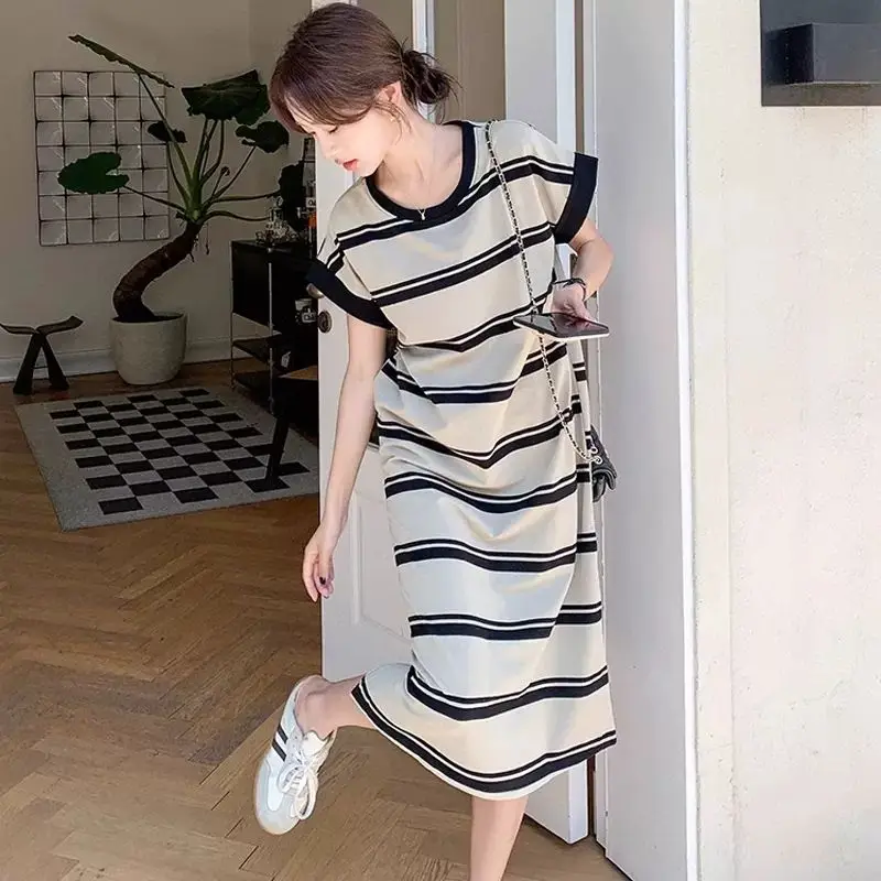 

Fashion O-Neck Printed Straight Striped Casual Dresses Female Clothing 2024 Summer New Loose Young Style Short Sleeve Dress