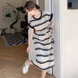 Fashion O-Neck Printed Straight Striped Casual Dresses Female Clothing 2024 Summer New Loose Young Style Short Sleeve Dress