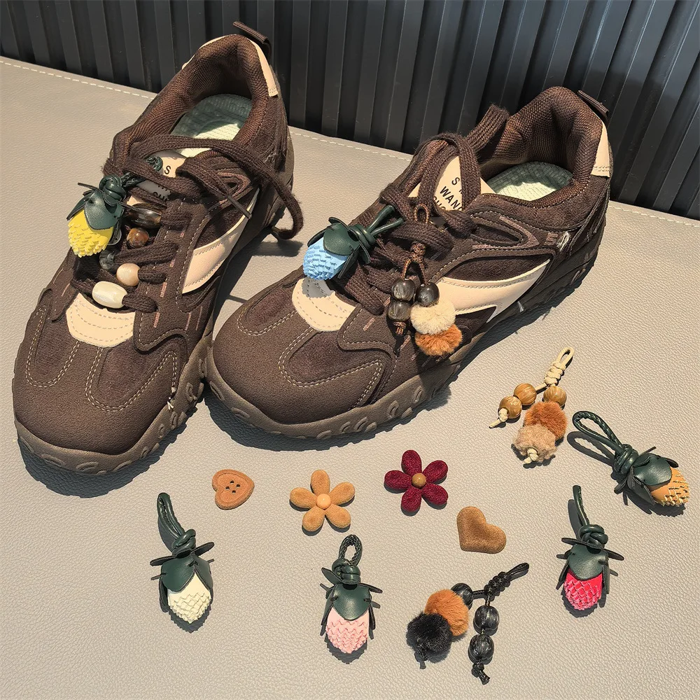 Shoe Charms Fall Winter Flocked Flower Shoelace Buckle Leather Ball Tassel Beaded Ballet German Trainer Decoration Women Girls