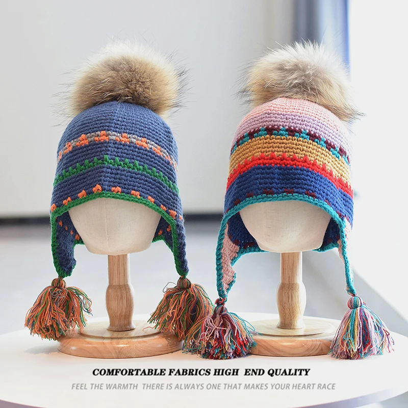 

Pompom Hat Earflap Women Winter Knit Real Raccoon Fur Warm Accessory For Cold Weather Autumn Outdoor Skiing Sports Climb