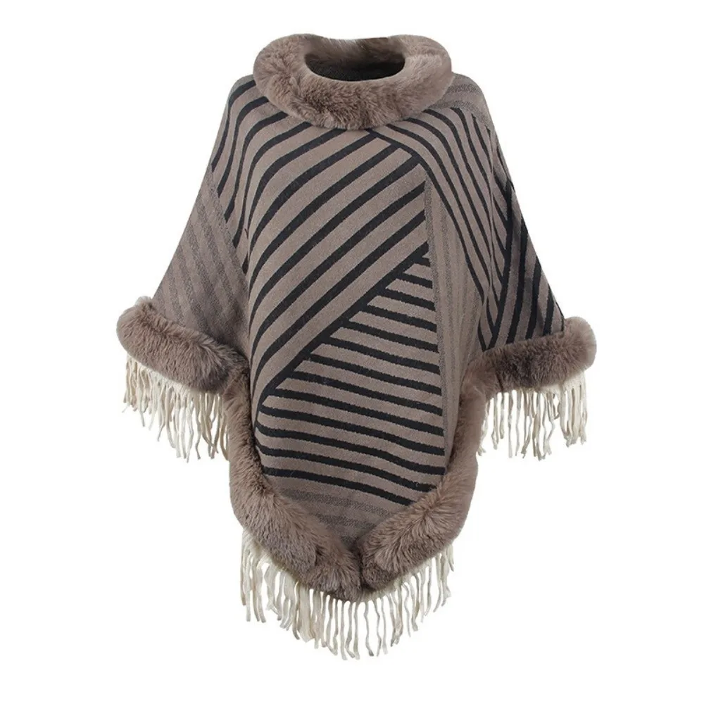 

Winter Warm Faux Fur Collar Shawl Striped Artificial Wool Mongolian Poncho Tassel Shawl Ethnic Style Plush Knitting Wraps